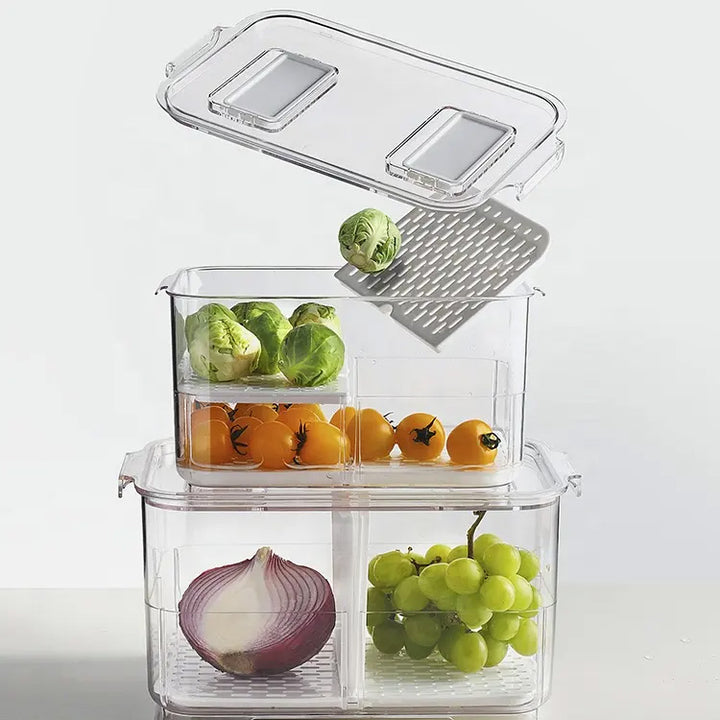 Fridge Storage Containers with adjustable insert trays & Drainage plug - 2 Pack - Drainage plug view