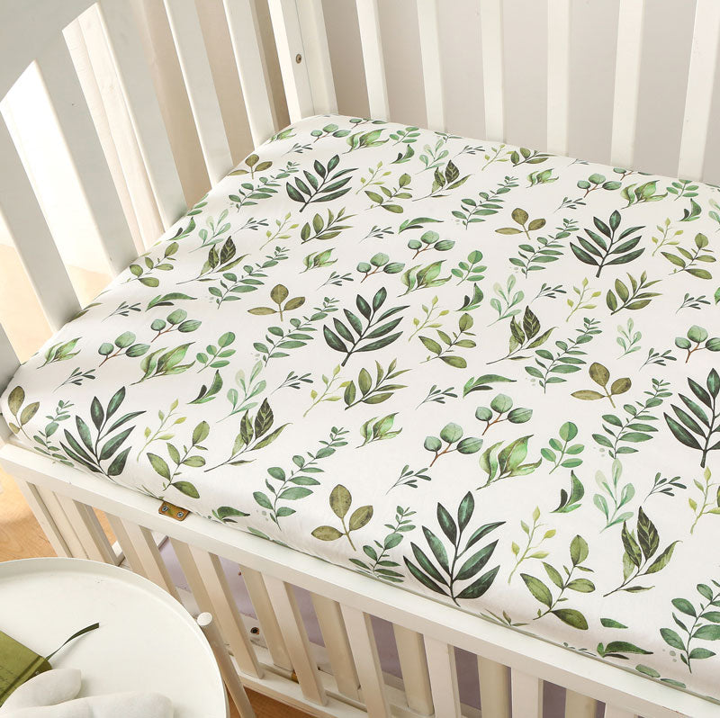 Cotton Fitted Sheet Olive Green Baby Bedding Green Leaves Fitted Baby Nursery Cot Sheet Online (Size: 70*130 Cm