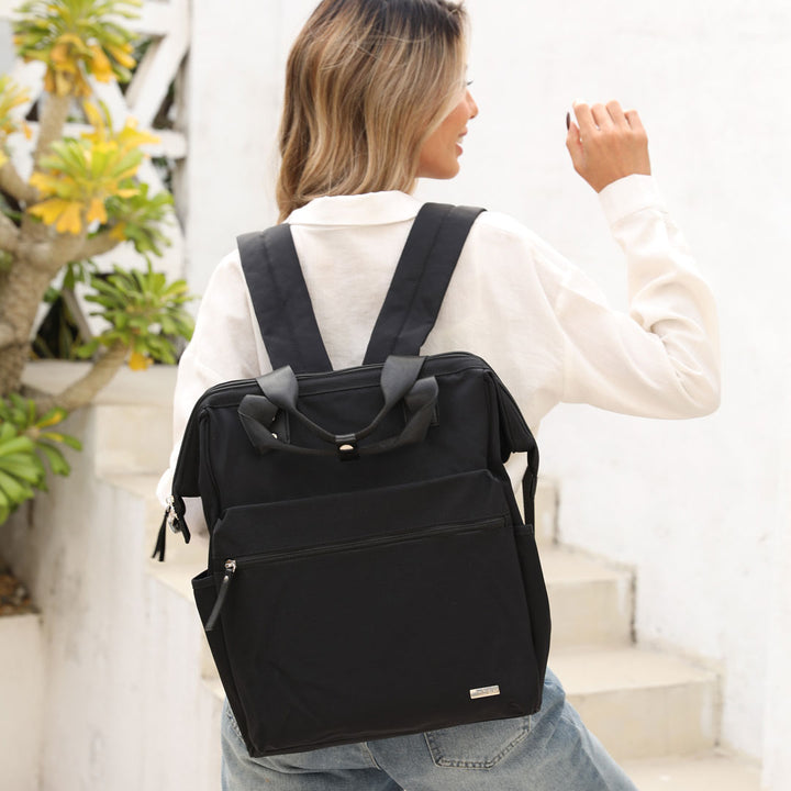 Melbourne Carry All Nappy Bag Backpack - Black Front on Mum