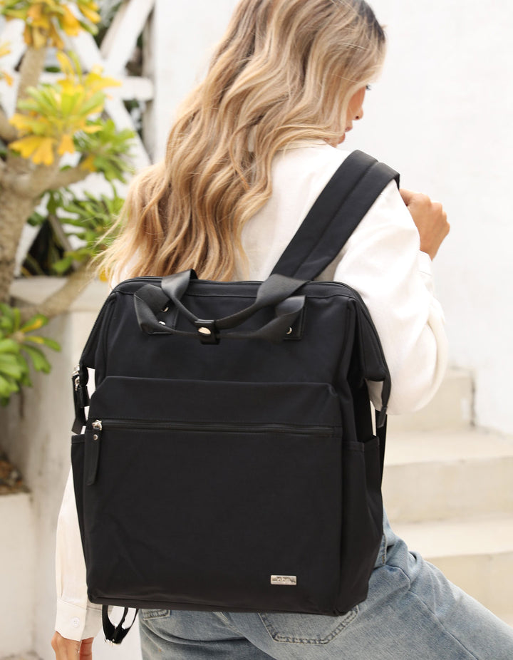 Melbourne Carry All Nappy Bag Backpack - Black Front on Mum 2