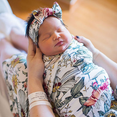 Audrey Maternity Robe Set with swaddle wrap, beanie & headband with baby