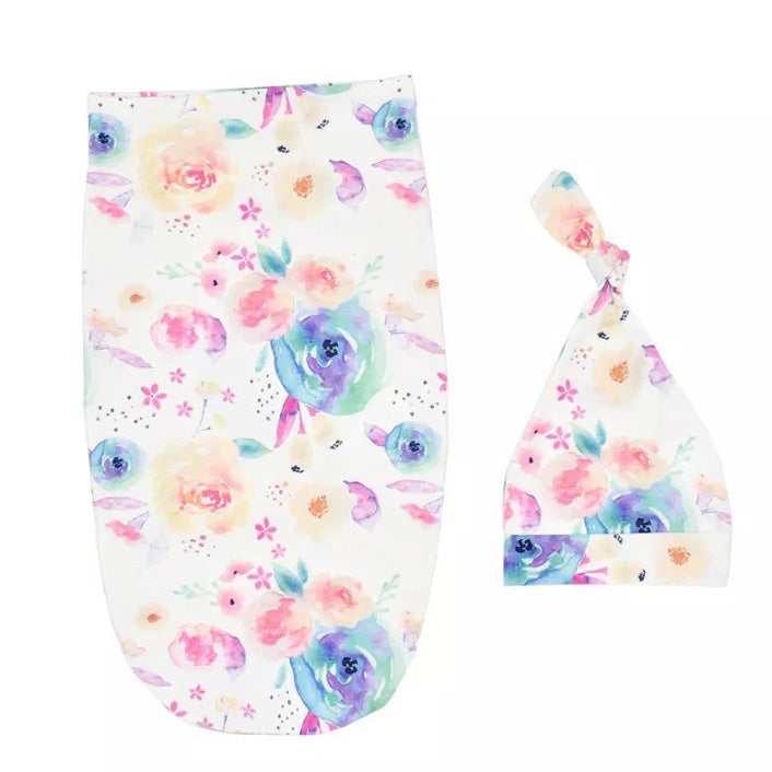 Blue Floral Baby Swaddle Sack front