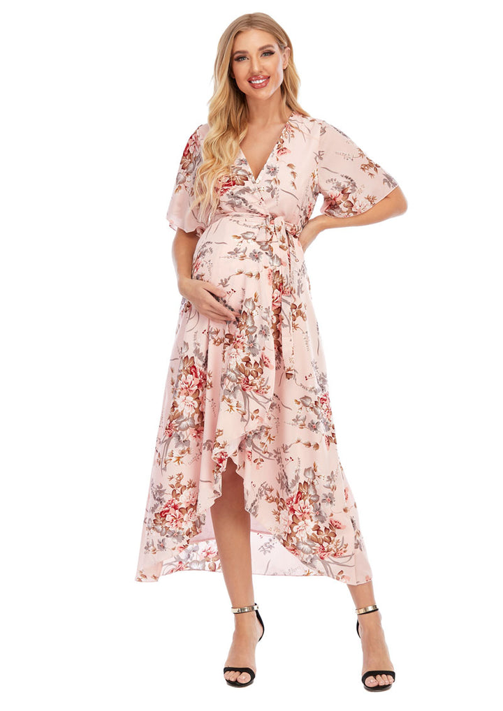 Chloe Maternity Wrap Dress Pink front 1