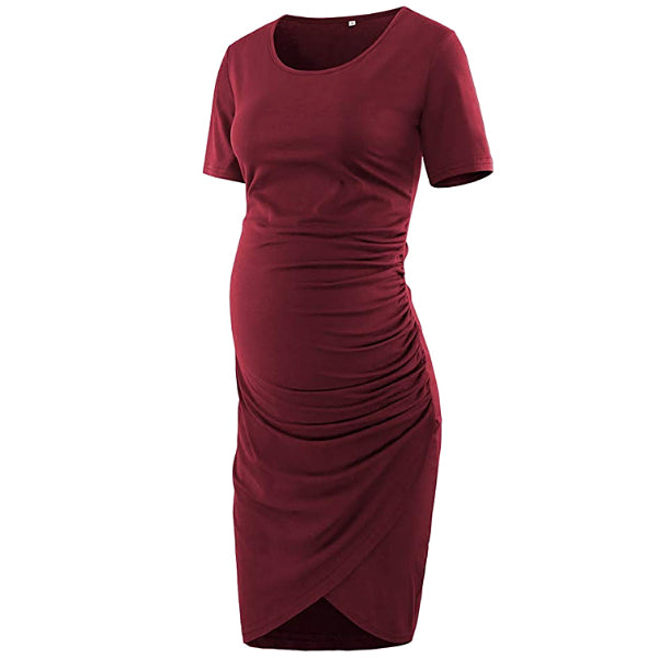 Elegant Wine Short sleeves Shirred Maternity Dress