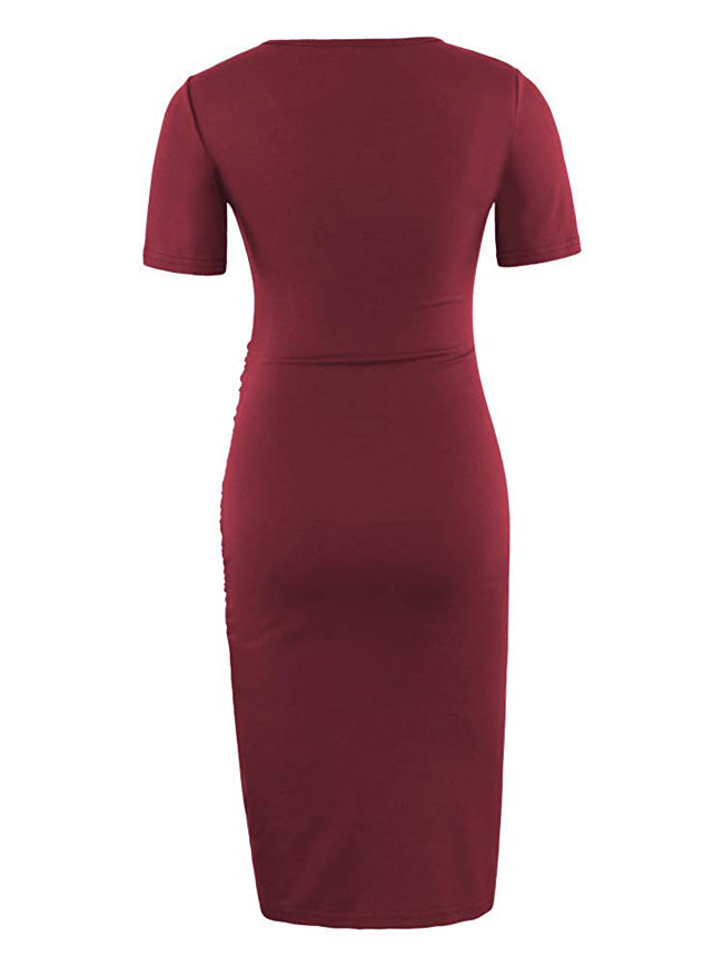 Elegant Wine - Shortsleeves Shirred Maternity Dress