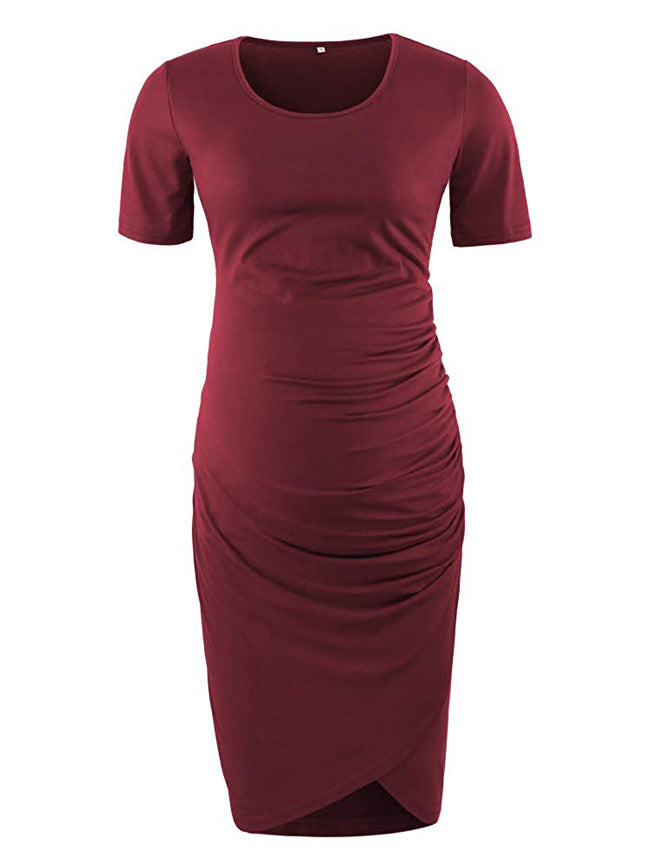Elegant Wine - Shortsleeves Shirred Maternity Dress