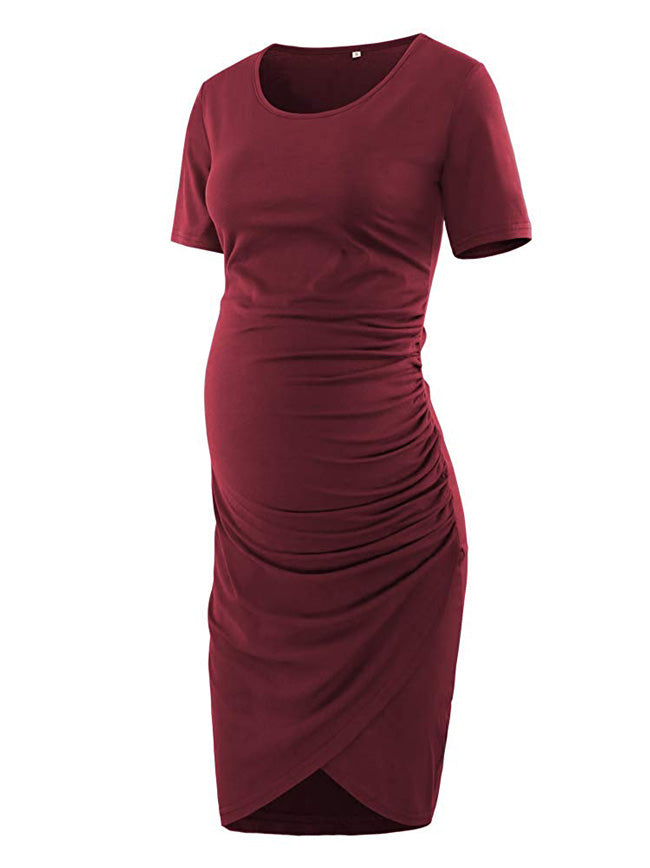 Elegant Wine - Shortsleeves Shirred Maternity Dress