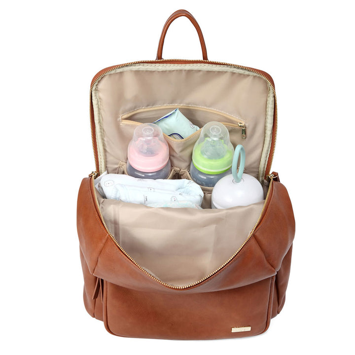 Harper Tan Nappy Bag Backpack Open with stuff