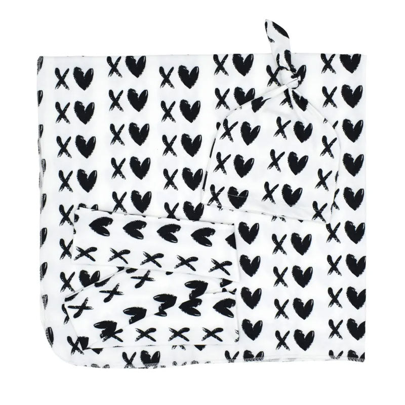 Hearts Baby Swaddle Wrap With matching headband & beanie set