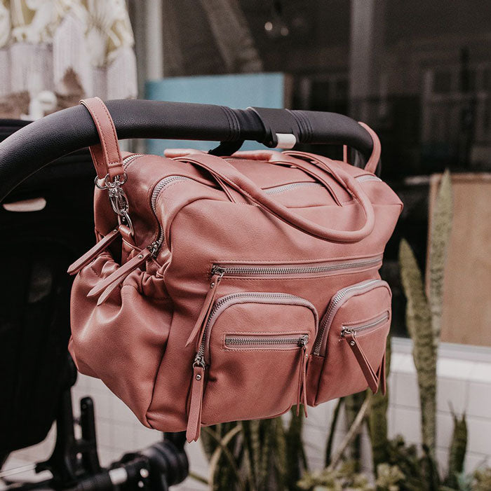 OiOi Faux Leather Carry All Nappy Bag - Dusty Rose on Pram