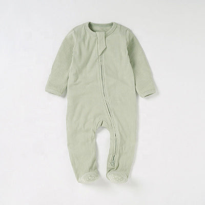 Rain Long Sleeve Zip Romper Covered Feet Organic Ribbed Cotton - Sage Color