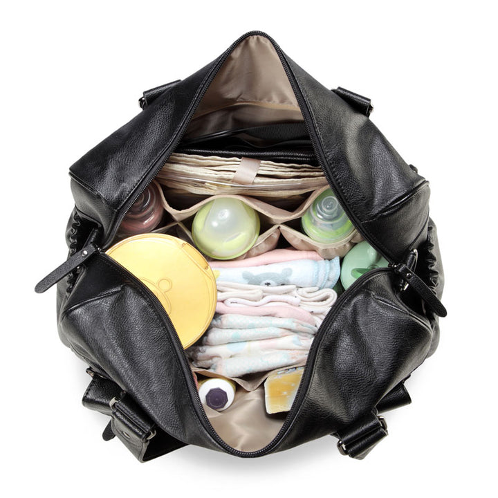 Sarah Carry All Black Nappy Bag PU Leather Inside with items