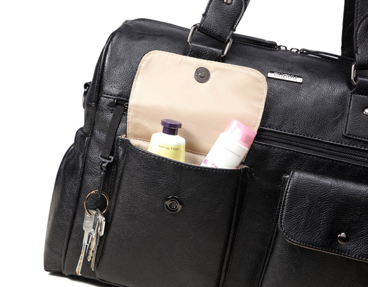 Sarah Carry All Black Nappy Bag PU Leather front pocket