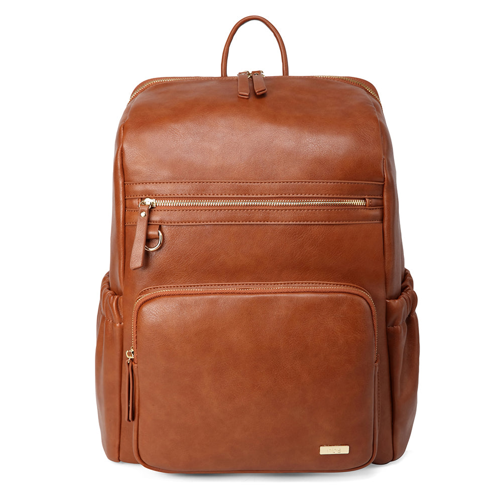 Harper Tan Nappy Bag Backpack. A brown (tan) faux-leather nappy backpack with multiple zippered compartments and a top handle, shown on a plain white background.