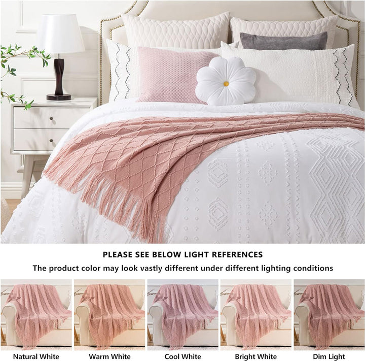 Knit Throw Blanket with Tassels in Rose Color. Different lighting. Size 130-150 cm