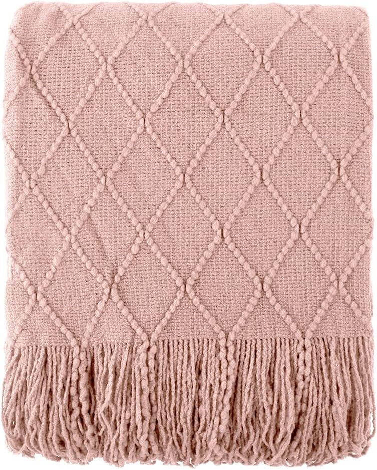 Knit Throw Blanket with Tassels in Rose Color. Folded. Size 130-150 cm