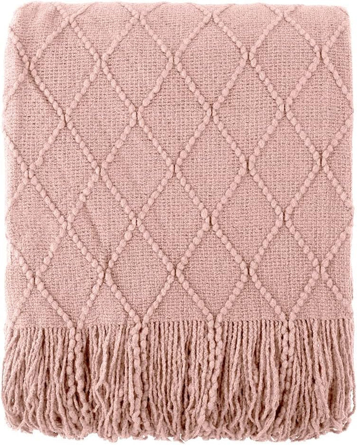 Knit Throw Blanket with Tassels in Rose Color. Folded. Size 130-150 cm