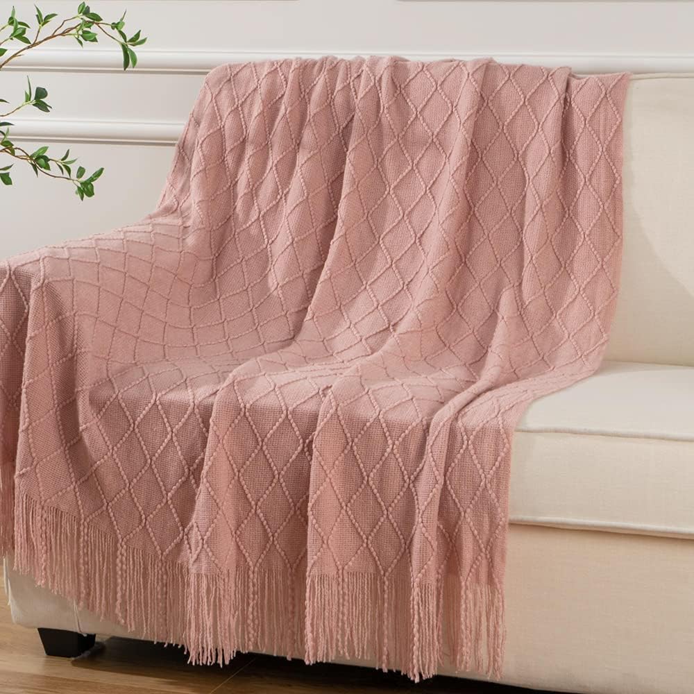 Knit Throw Blanket with Tassels in Rose Color on Sofa. Size 130-150 cm