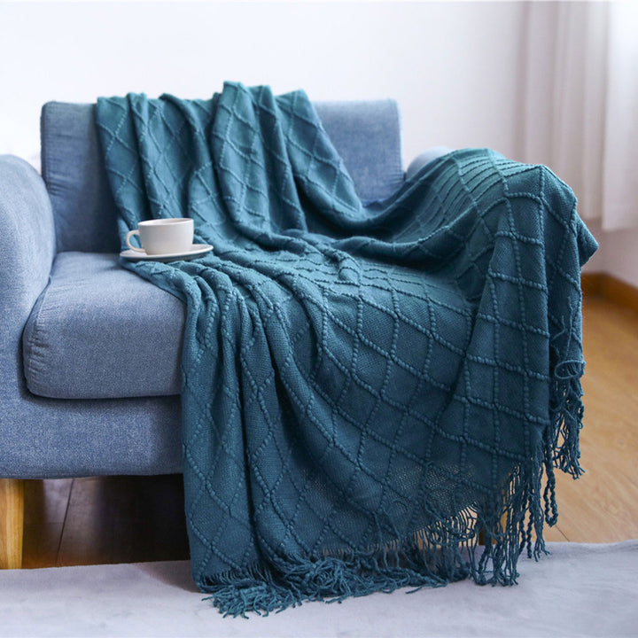 Knit Throw Blanket with Tassels in Teal  Blue Color. Size 130-150 cm