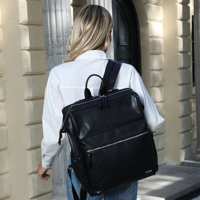 Melbourne-Carry-All-Vegan-Leather-Black-Nappy-Bag-Backpack-Side-View-3