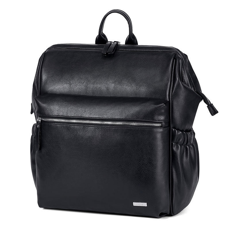 Melbourne-Carry-All-Vegan-Leather-Black-Nappy-Bag-Backpack.Side-view-jpg