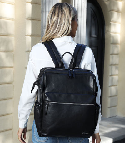 Melbourne Carry All Vegan Leather Black Nappy Bag Backpack Side View 1