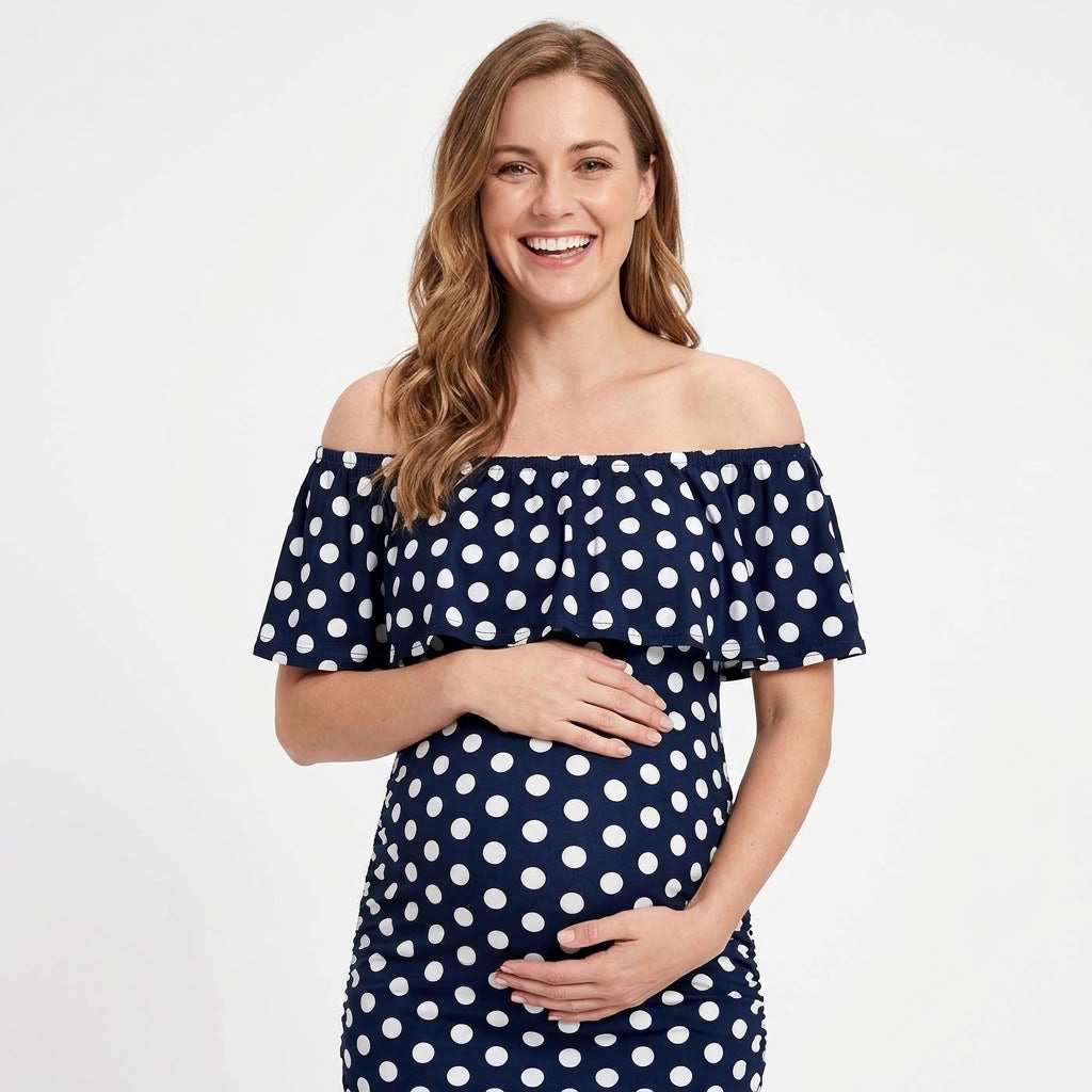 Off Shoulder Ruffle Maternity Dress - Navy Polka Dot
