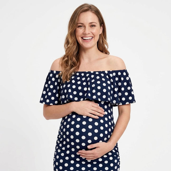 Off Shoulder Ruffle Maternity Dress - Navy Polka Dot