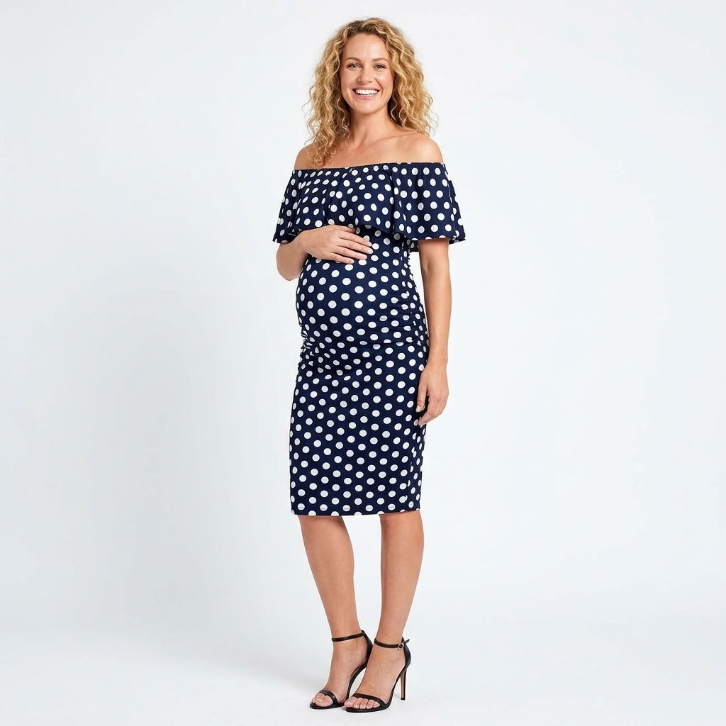 Off Shoulder Ruffle Maternity Dress - Navy Polka Dot
