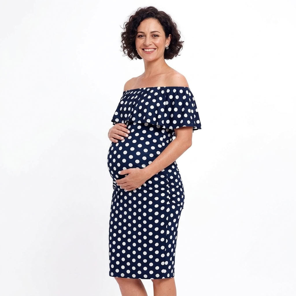 Off Shoulder Ruffle Maternity Dress - Navy Polka Dot