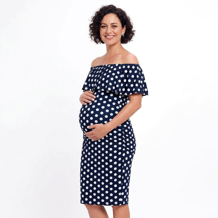Off Shoulder Ruffle Maternity Dress - Navy Polka Dot