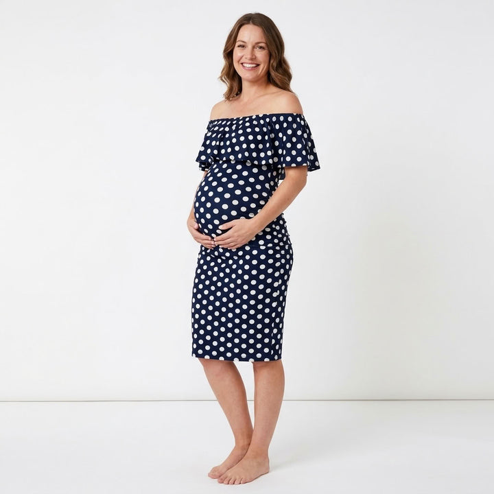 Off Shoulder Ruffle Maternity Dress - Navy Polka Dot