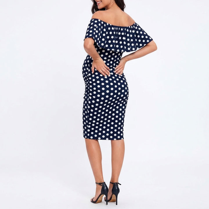 Off Shoulder Ruffle Maternity Dress - Navy Polka Dot