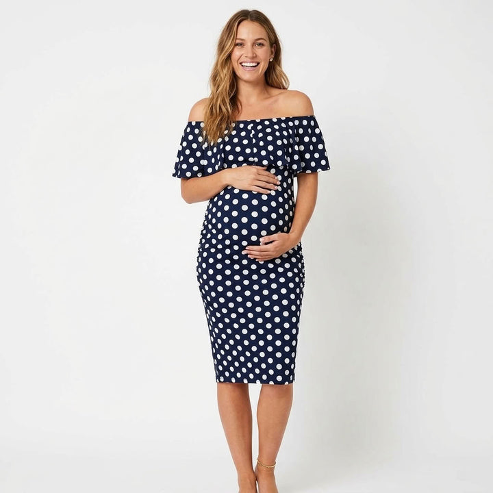 Off Shoulder Ruffle Maternity Dress - Navy Polka Dot