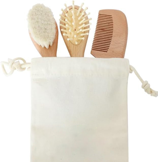 Percy Wooden Baby Hair Brush, Massage Brush & Comb Set with carry bag