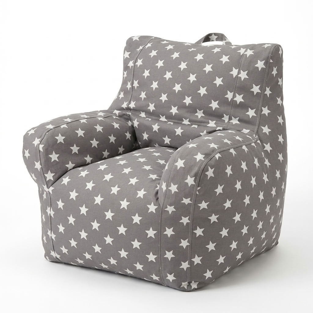 Stars Kids bean bag chair in gray fabric with a white star pattern, photographed on a clean white background.