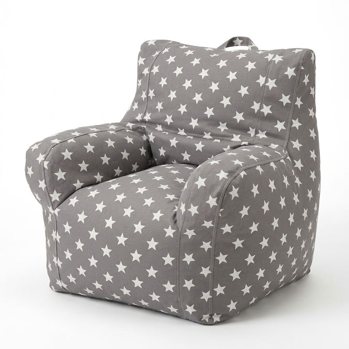 Stars Kids bean bag chair in gray fabric with a white star pattern, photographed on a clean white background.