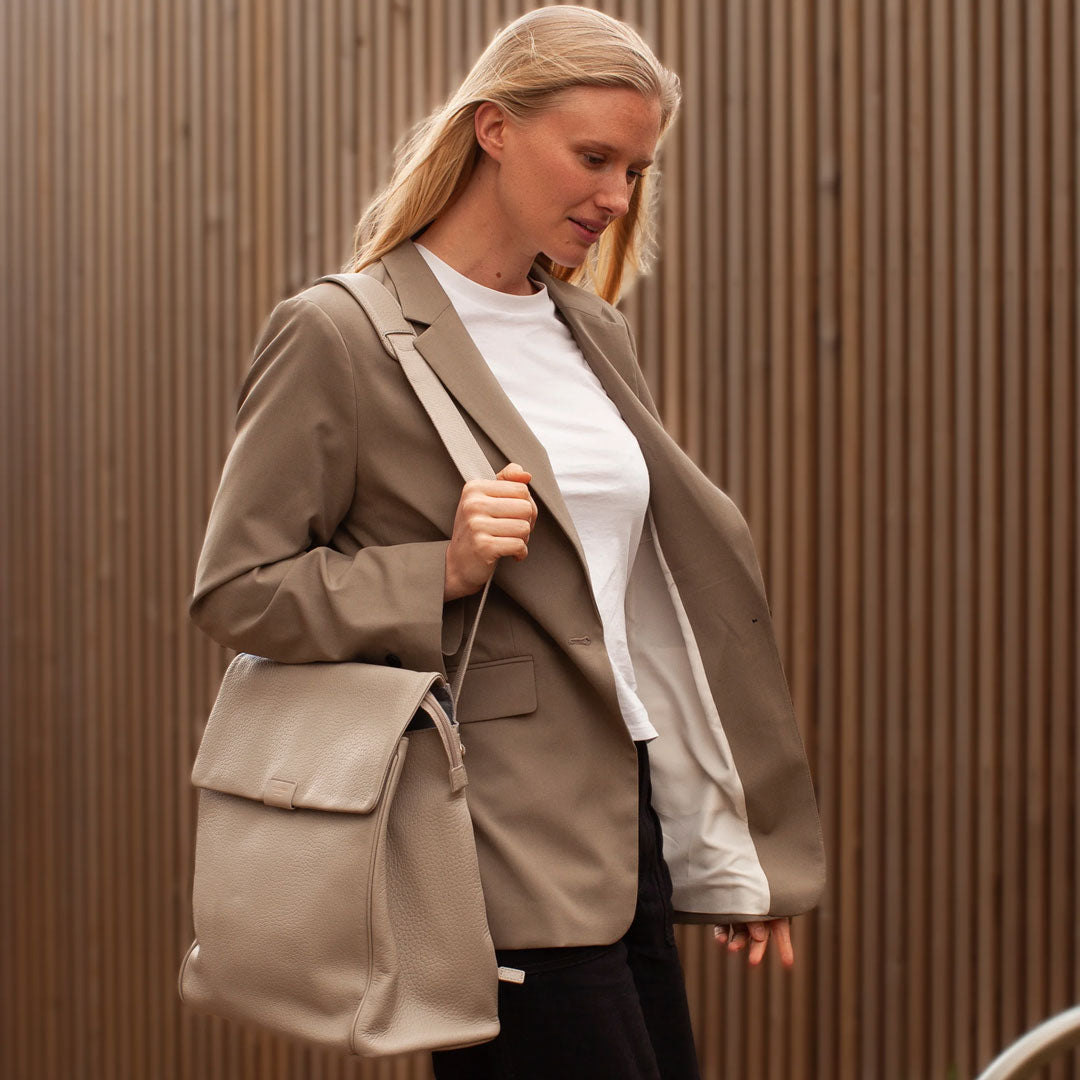 Storksak St James Leather Taupe Nappy Bag Backpack Mum 2