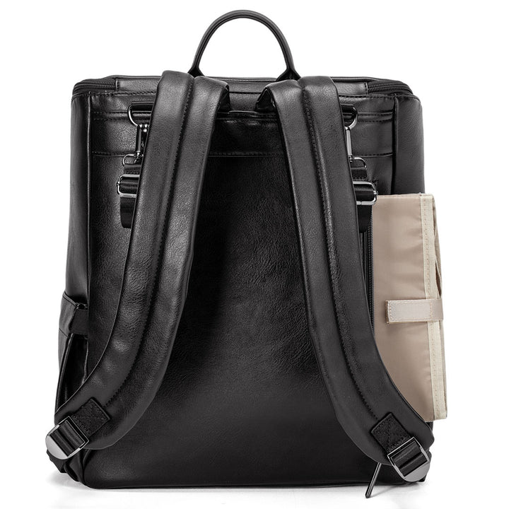 Victoria black vegan leather nappy bag backpack backside with change mat