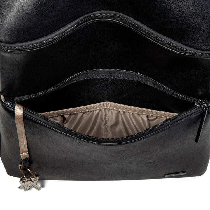 Victoria black vegan leather nappy bag backpack front pocket inside