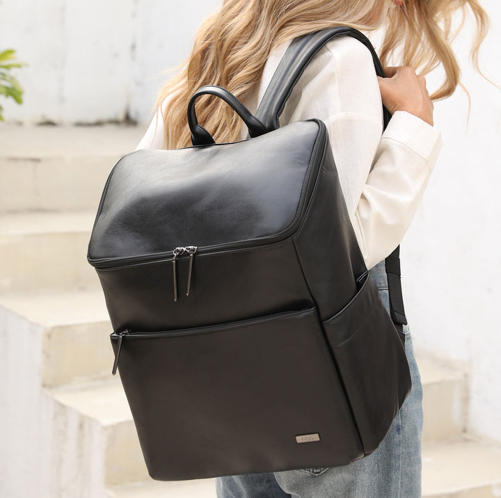 Victoria black vegan leather nappy bag backpack mum 2