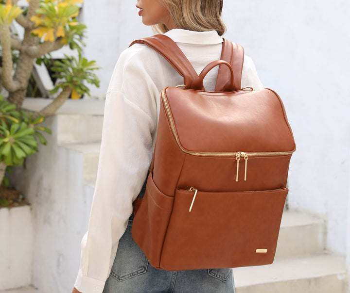 Victoria tan vegan leather nappy bag backpack mum 2