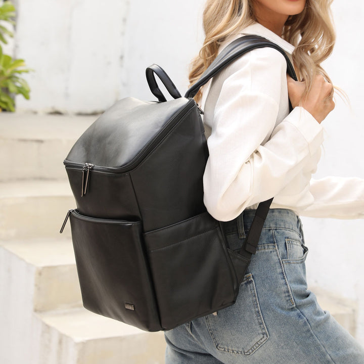 Victoria black vegan leather nappy bag backpack mum 3