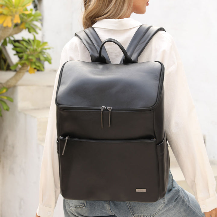 Victoria black vegan leather nappy bag backpack mum 1
