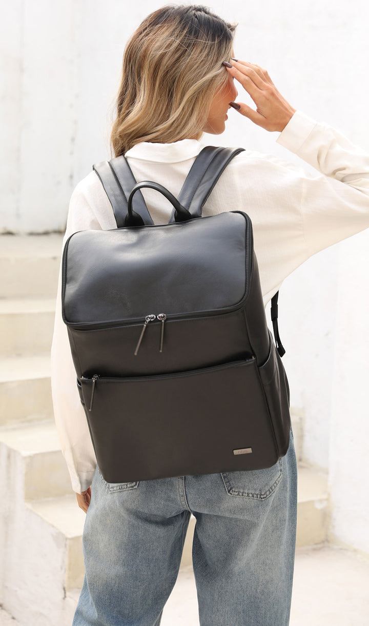 Victoria black vegan leather nappy bag backpack mum 4