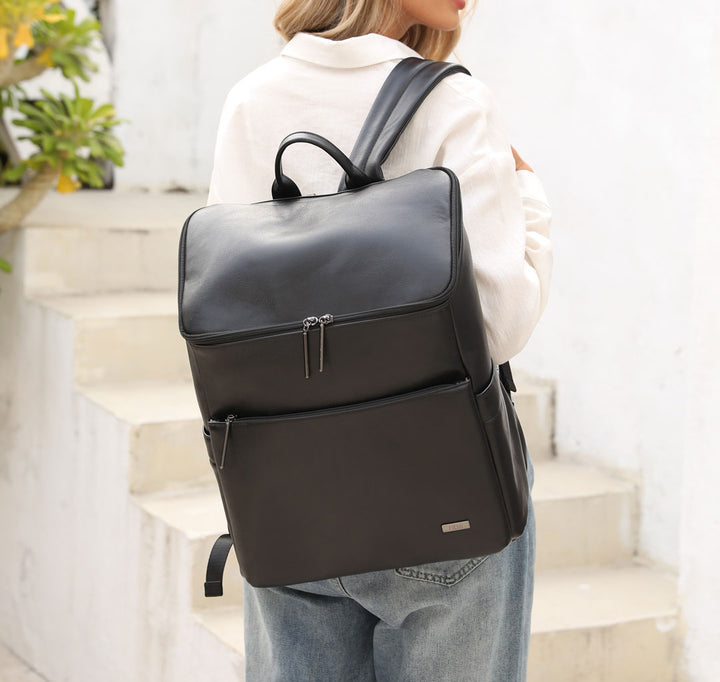 Victoria black vegan leather nappy bag backpack mum 5