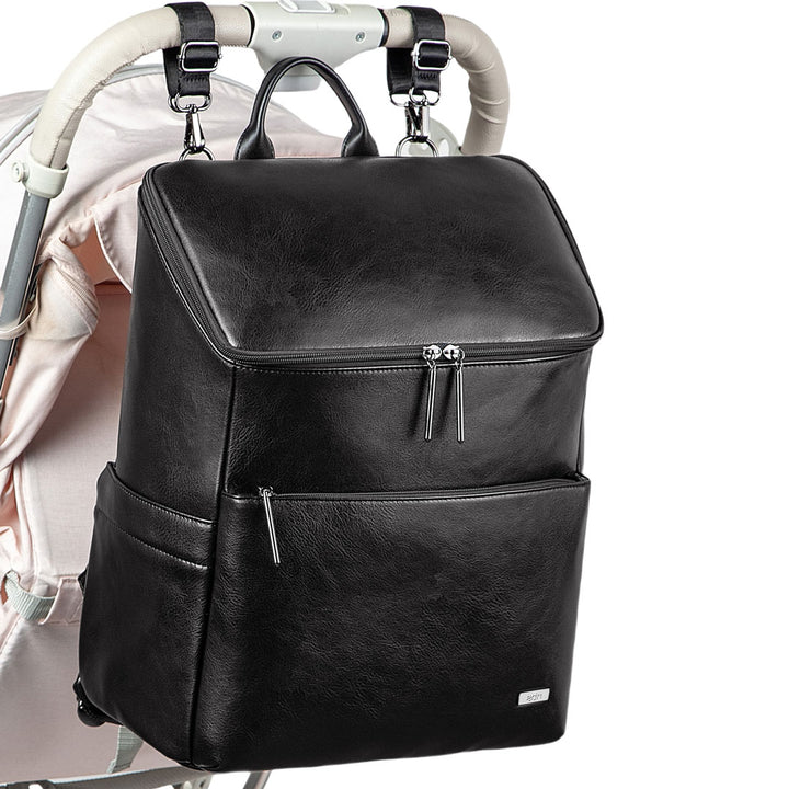 Victoria black vegan leather nappy bag backpack on pram