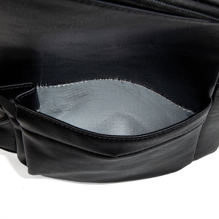 Victoria black vegan leather nappy bag backpack side insulated pocket