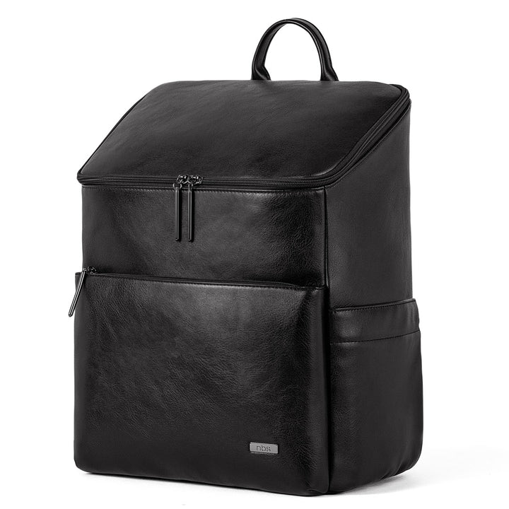 Victoria black vegan leather nappy bag backpack side view