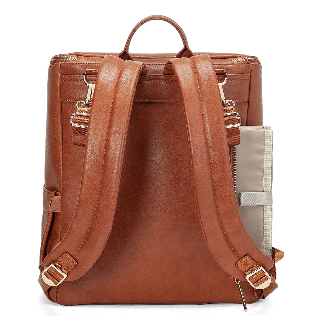 Victoria tan vegan leather nappy bag backpack backside with change mat